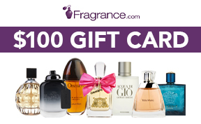 Fragrance.com logo, $100 gift card suggestion, and variety of fragrance bottles